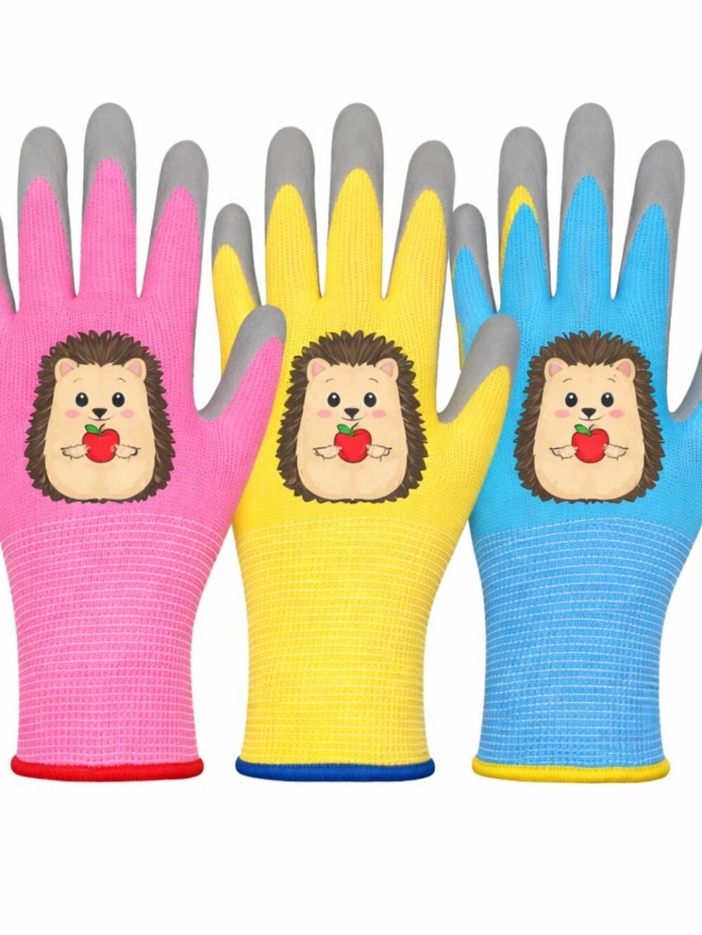 Paknada Kids Garden Gloves 3Pair Latex Coated Pink Yellow Blue Anti-Slip Cartoon